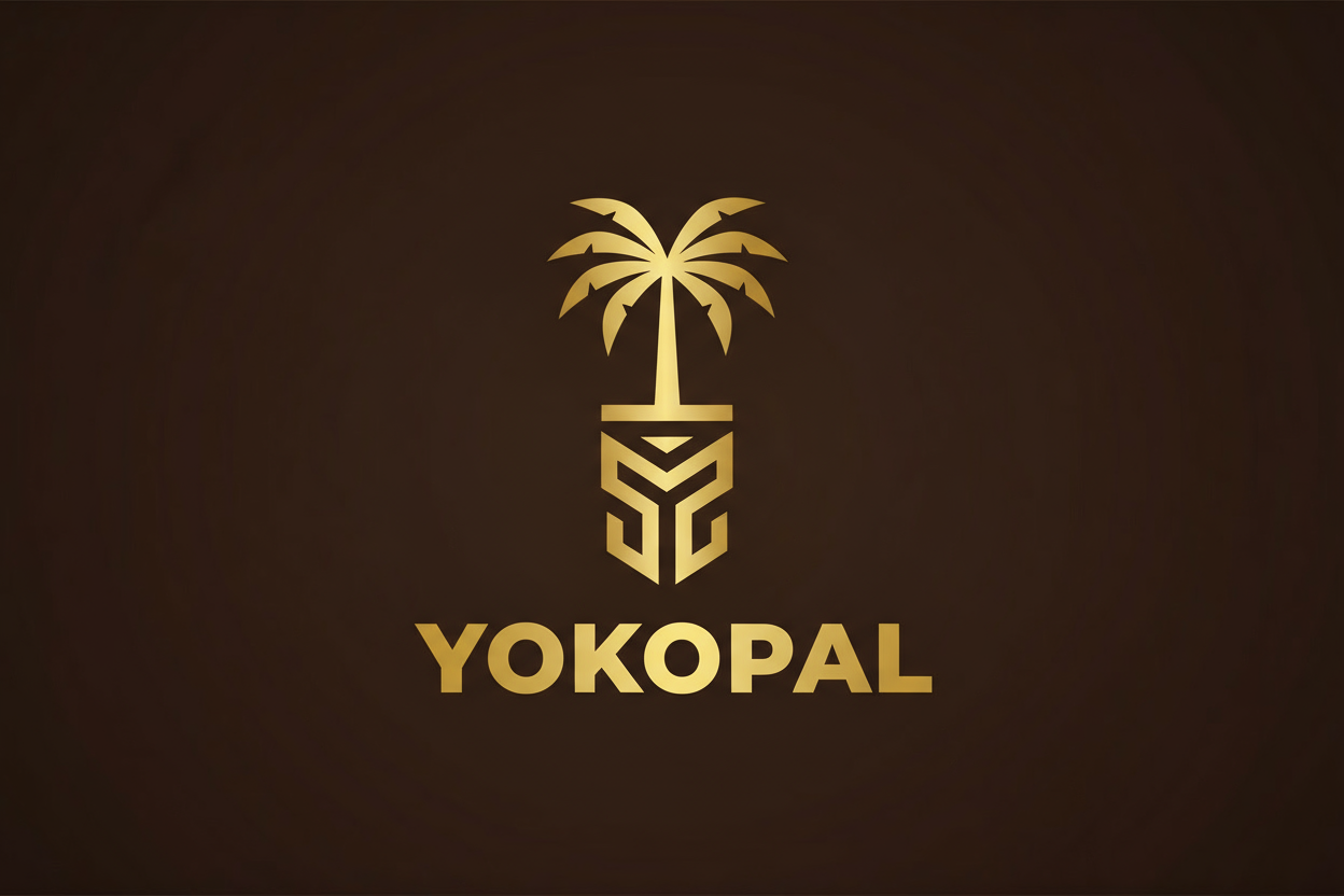 A logo resembling African origins, with a large palm tree vertical centred in the page and the Adinkra symbol (ODO NYERA FIE KWAN) that looks like a helmet or shield, placed in the centre of the vertical palm tree. The colours are gold for the palm tree and the symbol, and brown for the background. The logo needs to be futuristic, simple and modern, with NO WRITING.  