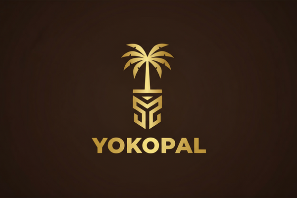 A logo resembling African origins, with a large palm tree vertical centred in the page and the Adinkra symbol (ODO NYERA FIE KWAN) that looks like a helmet or shield, placed in the centre of the vertical palm tree. The colours are gold for the palm tree and the symbol, and brown for the background. The logo needs to be futuristic, simple and modern, with NO WRITING.  