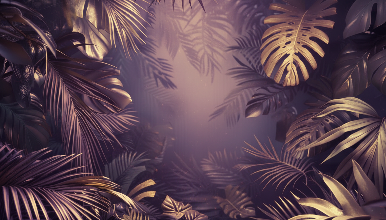 Tropical foliage in gold and purple